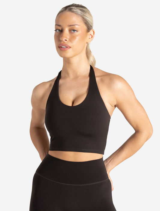 Allure Halter Built-in Bra Crop Top - Espresso