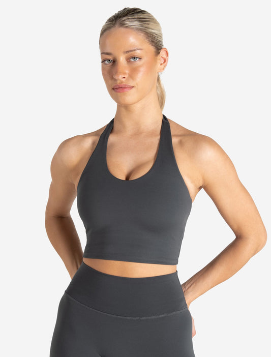 Allure Halter Built-in Bra Crop Top - Storm Grey