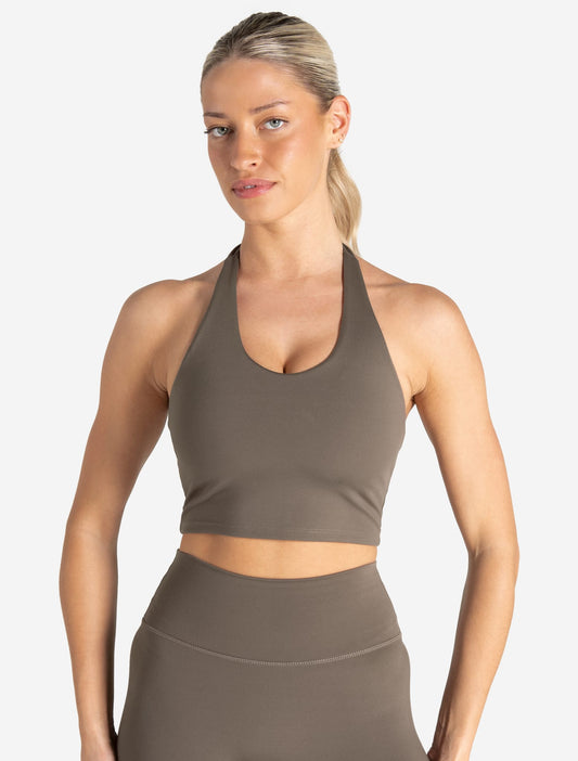 Allure Halter Built-in Bra Crop Top - Taupe