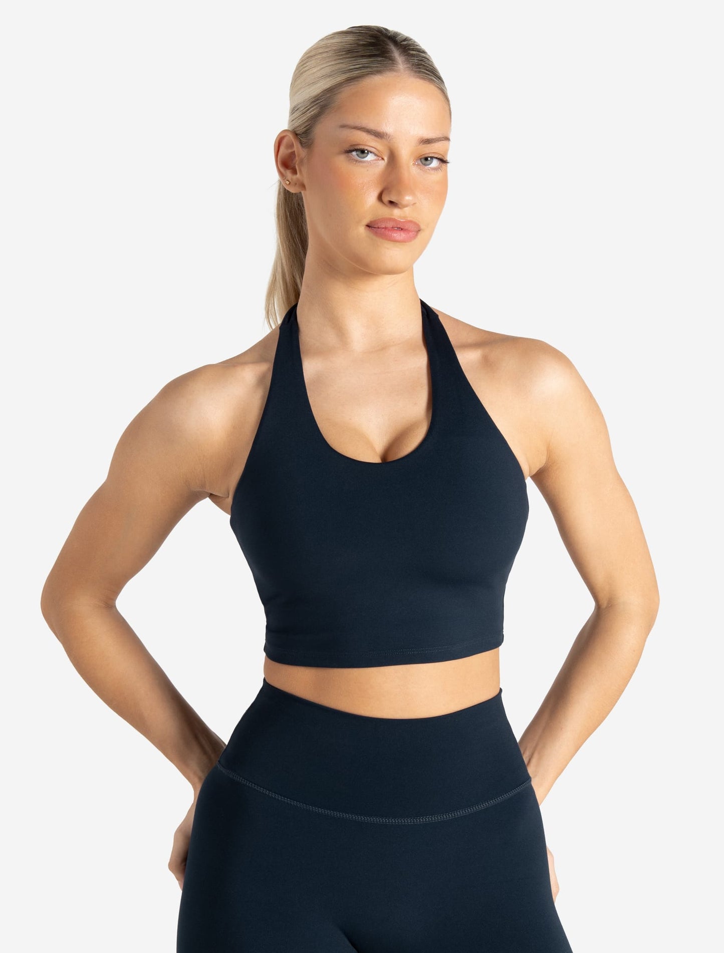 Allure Halter Built-in Bra Crop Top - Dark Navy