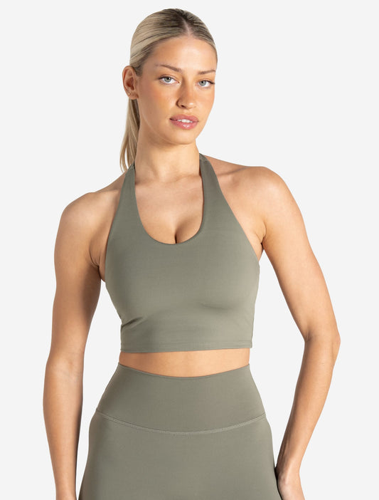 Allure Halter Built-in Bra Crop Top - Dusky Sage